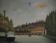 Henri Rousseau View of the Pont Sevres and the Hills of Clamart, Saint-Cloud, and Bellevue with Biplane, Ballon and Dirigible By Henri Rousseau painting